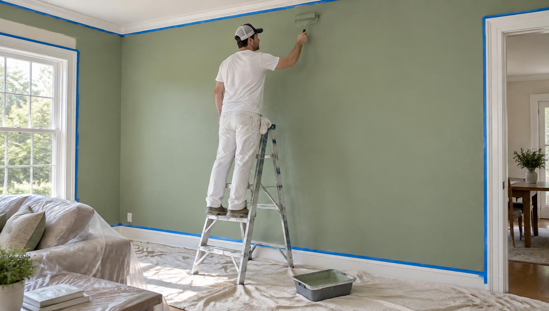 Peintre roulant une peinture vert sauge sur un mur dans une salle de séjour